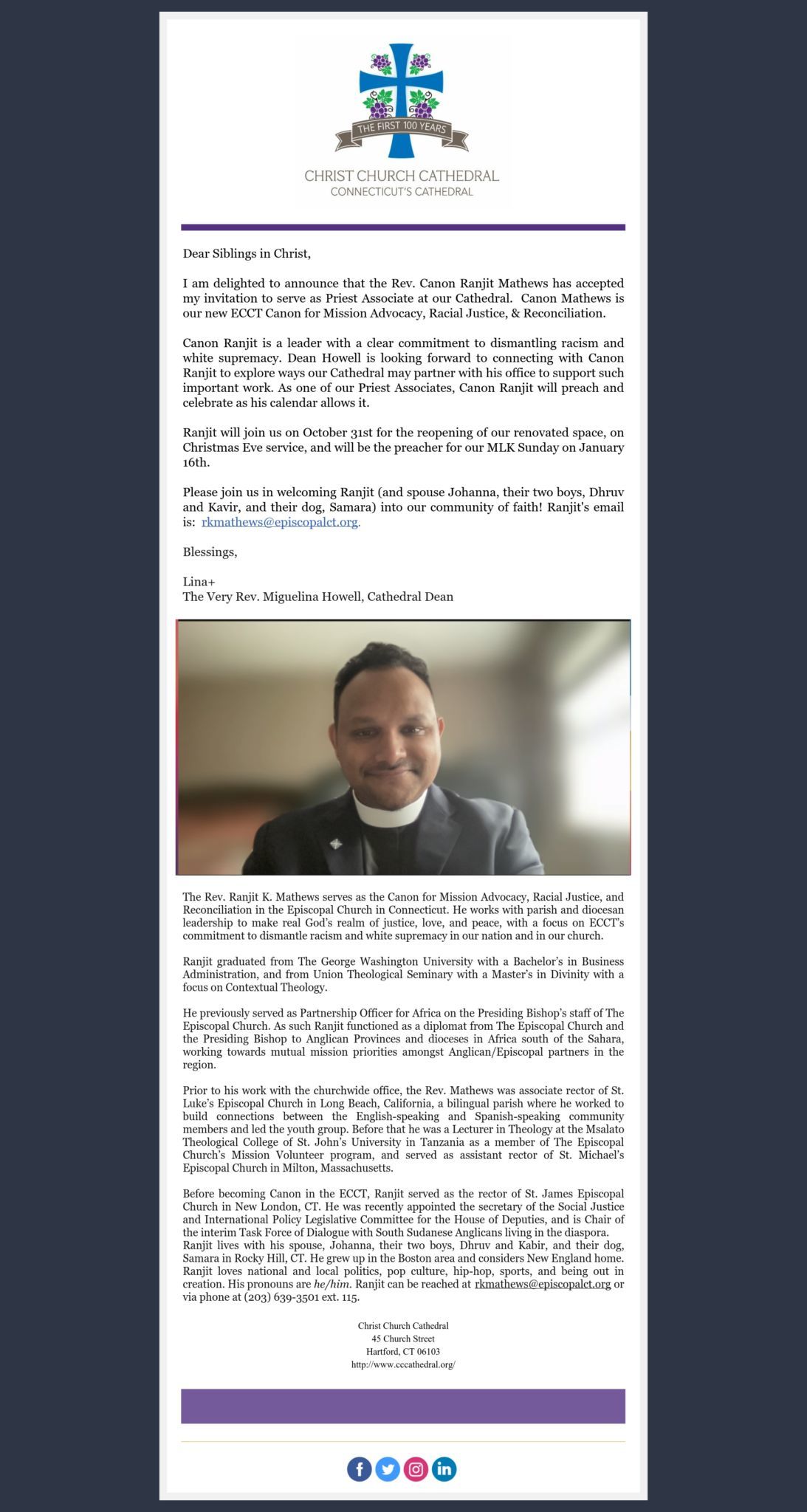 A Message From Our Dean The Rev  Canon Ranjit Mathews As New Associate Priest 1